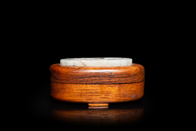A Chinese wooden box and cover with a white jade 'quail' plaque, 18/19th C.