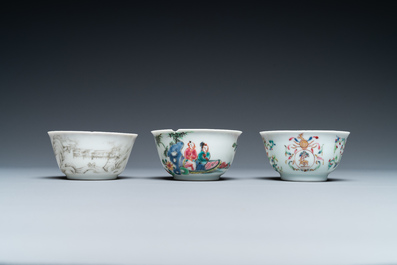 Five Chinese famille rose and grisaille saucers and three cups, Yongzheng