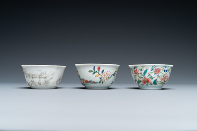 Five Chinese famille rose and grisaille saucers and three cups, Yongzheng