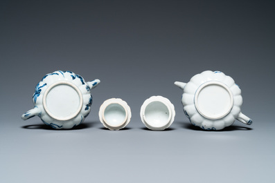 Four Chinese blue and white cups, four saucers and two teapots, Kangxi