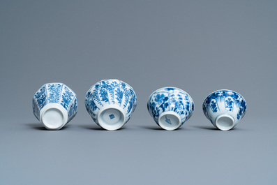 Twenty-one Chinese blue and white saucers and eighteen cups, Kangxi