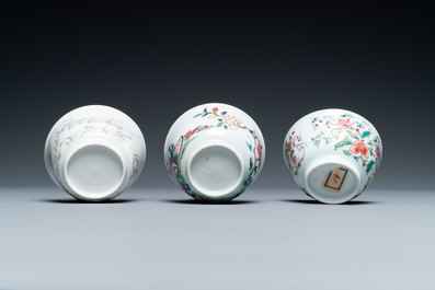 Five Chinese famille rose and grisaille saucers and three cups, Yongzheng