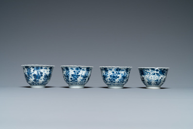 Four Chinese blue and white cups, four saucers and two teapots, Kangxi