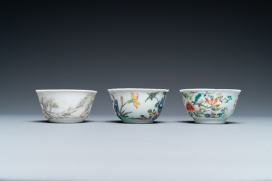 Five Chinese famille rose and grisaille saucers and three cups, Yongzheng