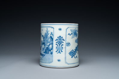 A Chinese blue and white brush pot with a landscape and antiquities, Kangxi
