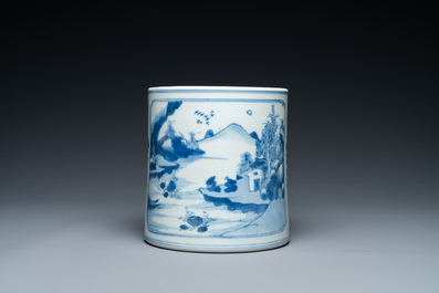 A Chinese blue and white brush pot with a landscape and antiquities, Kangxi