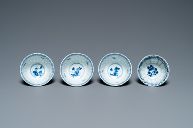 Four Chinese blue and white cups, four saucers and two teapots, Kangxi