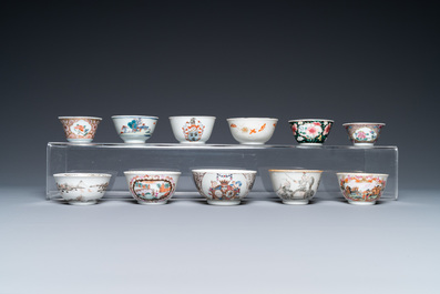 A varied collection of Chinese famille rose and grisaille cups and saucers and a 'rooster' bowl, Yongzheng/Qianlong