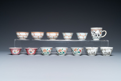 A varied collection of Chinese famille rose and grisaille cups and saucers and a 'rooster' bowl, Yongzheng/Qianlong