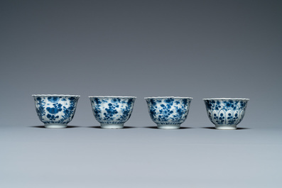 Four Chinese blue and white cups, four saucers and two teapots, Kangxi