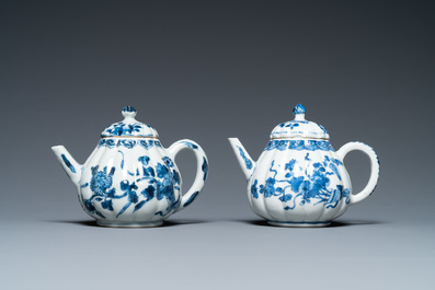 Four Chinese blue and white cups, four saucers and two teapots, Kangxi