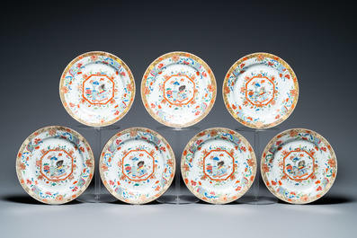 Seven Chinese famille rose 'antiquities' dishes, Yongzheng