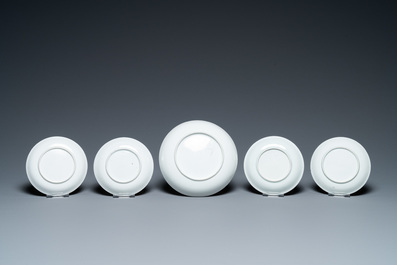 Five Chinese famille rose and grisaille saucers and three cups, Yongzheng