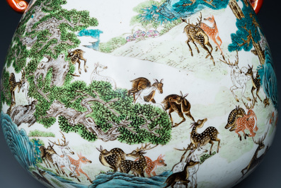 A Chinese famille rose '100 deer' 'hu' vase, Qianlong mark, Republic