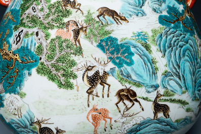 A Chinese famille rose '100 deer' 'hu' vase, Qianlong mark, Republic