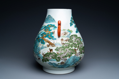 A Chinese famille rose '100 deer' 'hu' vase, Qianlong mark, Republic