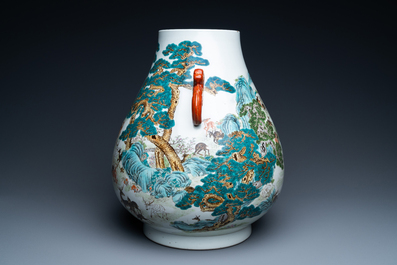 A Chinese famille rose '100 deer' 'hu' vase, Qianlong mark, Republic