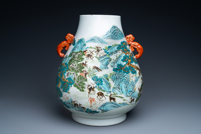 A Chinese famille rose '100 deer' 'hu' vase, Qianlong mark, Republic
