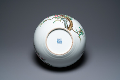 A Chinese famille rose 'nine peaches' tianqiu ping vase, Qianlong mark, 20th C.