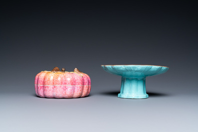 A Chinese pink-glazed pumpkin-shaped box with matching tazza, 19th C.