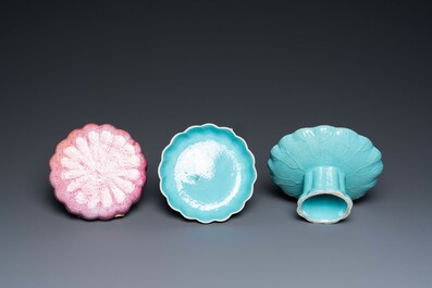 A Chinese pink-glazed pumpkin-shaped box with matching tazza, 19th C.