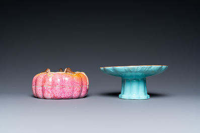 A Chinese pink-glazed pumpkin-shaped box with matching tazza, 19th C.