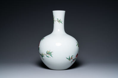 A Chinese famille rose 'nine peaches' tianqiu ping vase, Qianlong mark, 20th C.