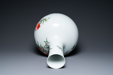 A Chinese famille rose 'nine peaches' tianqiu ping vase, Qianlong mark, 20th C.