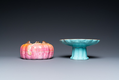 A Chinese pink-glazed pumpkin-shaped box with matching tazza, 19th C.