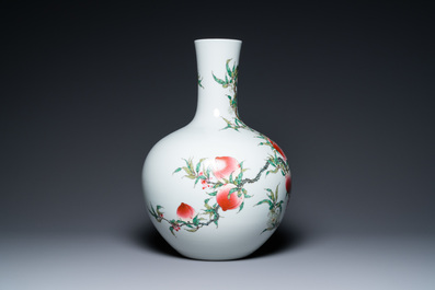 A Chinese famille rose 'nine peaches' tianqiu ping vase, Qianlong mark, 20th C.