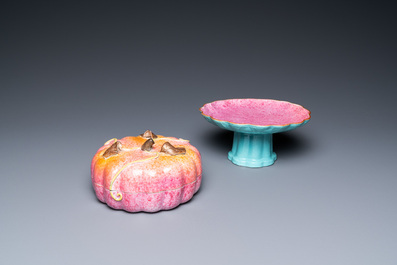 A Chinese pink-glazed pumpkin-shaped box with matching tazza, 19th C.