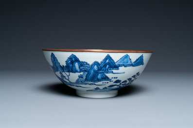 A Chinese 'Bleu de Hue' bowl for the Vietnamese market with the Hai Van mountains, Thanh Ngoan mark for Nguyen Phuc Chu, Kangxi