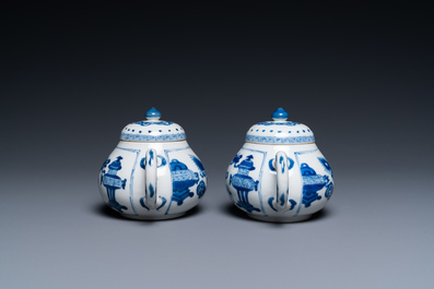 A pair of Chinese blue and white 'antiquities' teapots, Kangxi