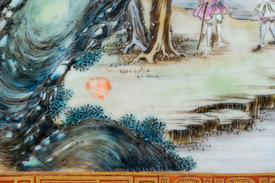 A Chinese famille rose table screen with a winter landscape and a scene with Europeans, various seals, Qianlong mark, 18/19th C.