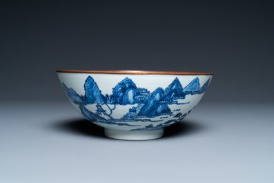 A Chinese 'Bleu de Hue' bowl for the Vietnamese market with the Hai Van mountains, Thanh Ngoan mark for Nguyen Phuc Chu, Kangxi
