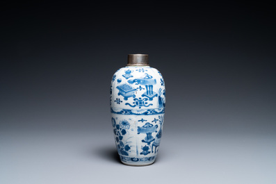 A Chinese blue and white silver-mounted tea caddy, Kangxi