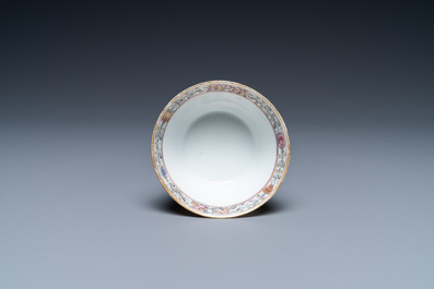 A fine Chinese famille rose 'romantic subject' cup and saucer, Qianlong