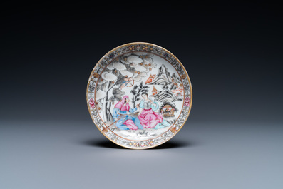 A fine Chinese famille rose 'romantic subject' cup and saucer, Qianlong