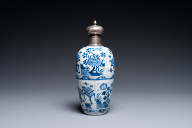 A Chinese blue and white silver-mounted tea caddy, Kangxi