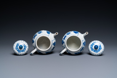 A pair of Chinese blue and white 'antiquities' teapots, Kangxi
