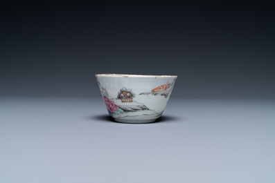 A fine Chinese famille rose 'romantic subject' cup and saucer, Qianlong