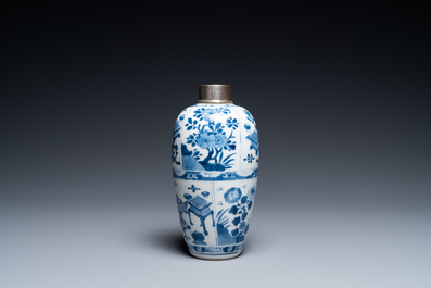 A Chinese blue and white silver-mounted tea caddy, Kangxi