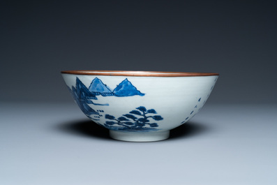 A Chinese 'Bleu de Hue' bowl for the Vietnamese market with the Hai Van mountains, Thanh Ngoan mark for Nguyen Phuc Chu, Kangxi