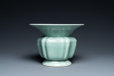 A Chinese monochrome celadon 'zhadou' spittoon, Yongzheng mark, Republic