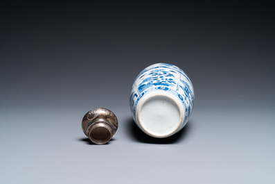 A Chinese blue and white silver-mounted tea caddy, Kangxi