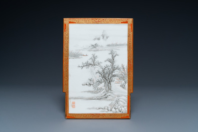 A Chinese famille rose table screen with a winter landscape and a scene with Europeans, various seals, Qianlong mark, 18/19th C.