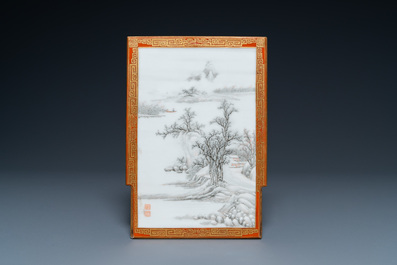 A Chinese famille rose table screen with a winter landscape and a scene with Europeans, various seals, Qianlong mark, 18/19th C.