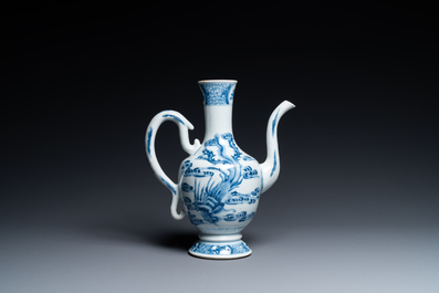 A Chinese blue and white 'qilin and phoenix' ewer, Kangxi