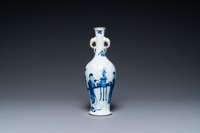 A Chinese blue and white vase with elephant head handles, Kangxi
