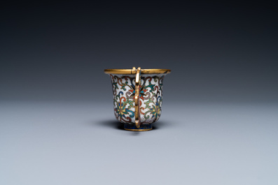 A Chinese cloisonn&eacute; two-handled 'lotus scroll' cup on stand, 18/19th C.